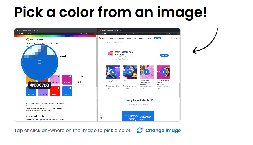画像カラーピッカーのプレビュー：ルーペでアップロードした画像から色を選択。